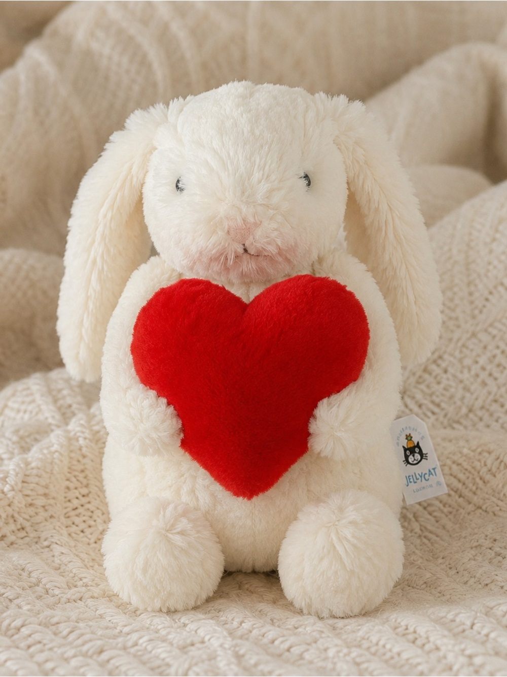 Jellycat Cream Bunny Holding Bright Red Heart Plush